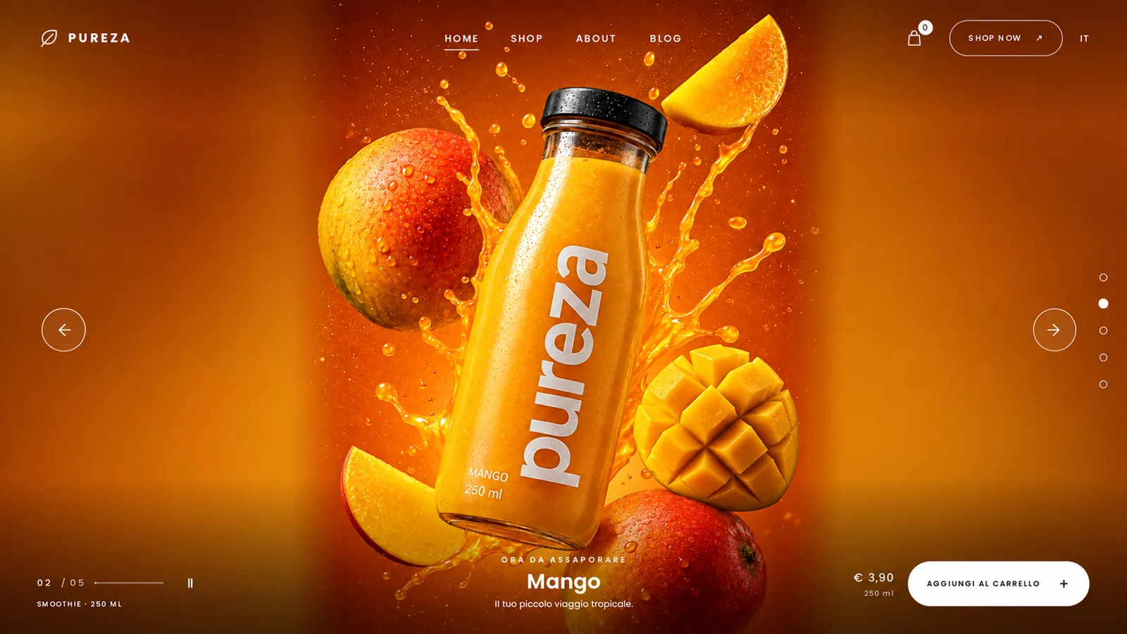 Home page del concept PUREZA con una bottiglia di succo al mango tra frutti e schizzi