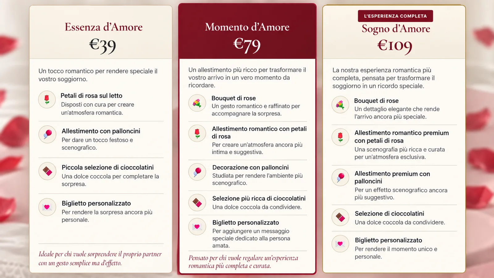 Pagina dei servizi aggiuntivi de Il Rustico con i pacchetti Essenza d’Amore, Momento d’Amore e Sogno d’Amore