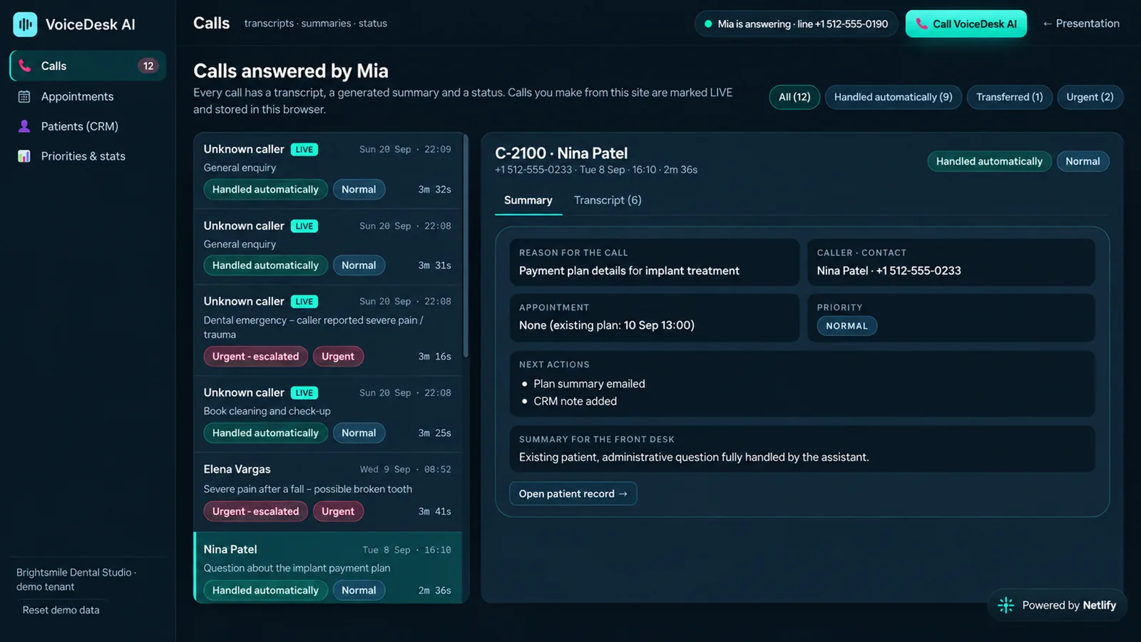Pannello di VoiceDesk AI con le chiamate gestite dall’assistente e il riepilogo di una richiesta